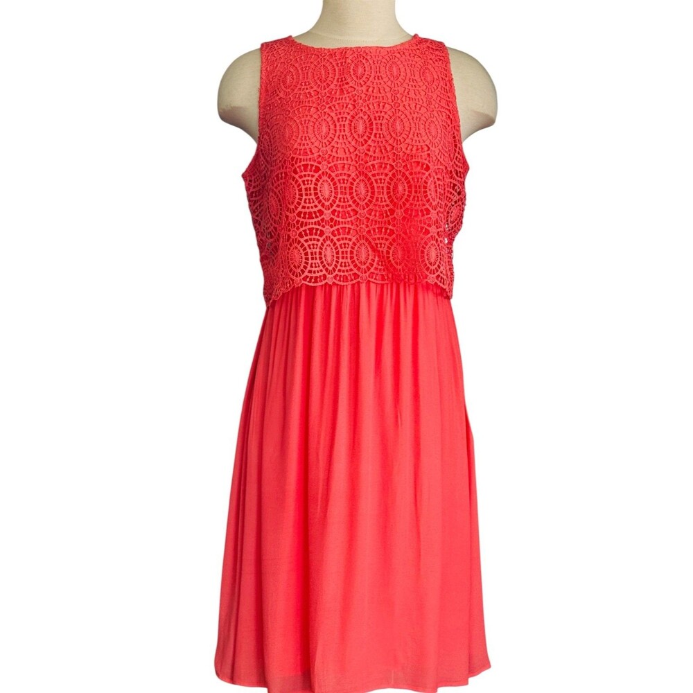 Ann Taylor Loft Wm 10 Coral Pink Circle Lace Bodice Sleeveless Midi Dress New
